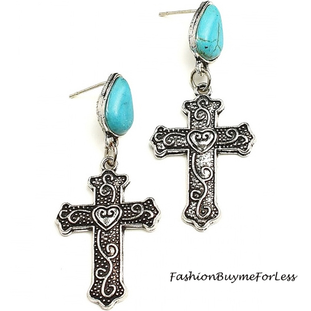 Antique Silver Turquoise Goth Cross Heart Earring